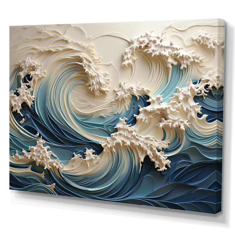 «White and Blue Wave Papercut Style III - Coastal Waves», reproduction d'art sur toile Wave (sans textures), Toile tendue