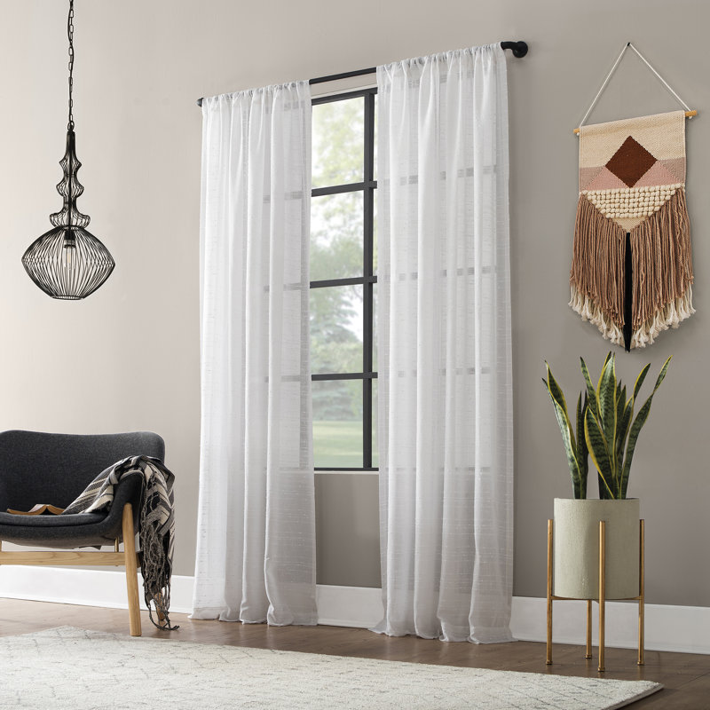 White Linen Blend Sheer Slub Striped Curtain Panel 52"x84"