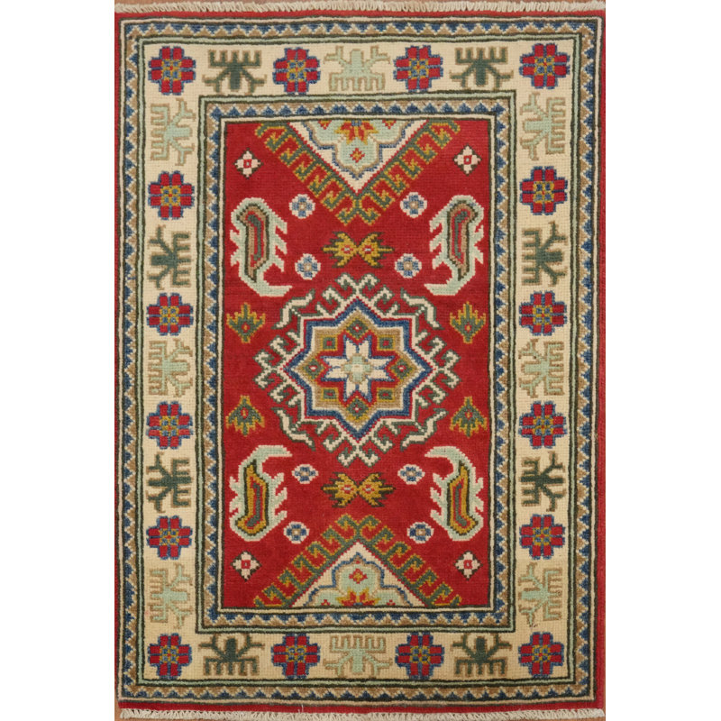 Luxueux tapis Kazak rouge avec motifs tribaux audacieux et colorés 2 x 3