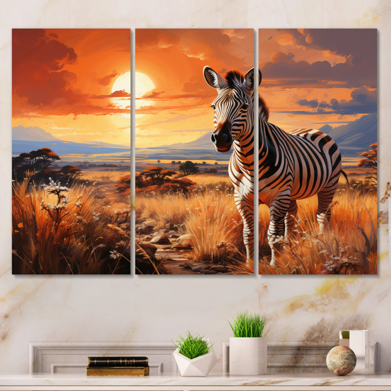 Zèbre sur une vaste prairie II sur toile, 3 pièces, H 32 po x l 48 po x P 1 po