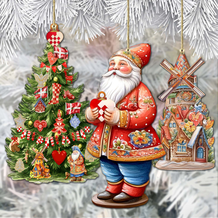 3 Piece German-Inspired Santa Wooden Ornaments