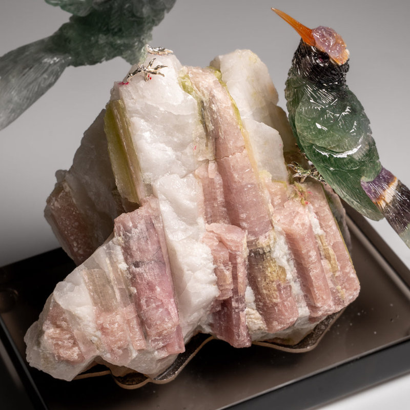 Genuine Hand Carved Fluorite Hummingbirds On A Watermelon Tourmaline In Quartz Matrix (8"H)
