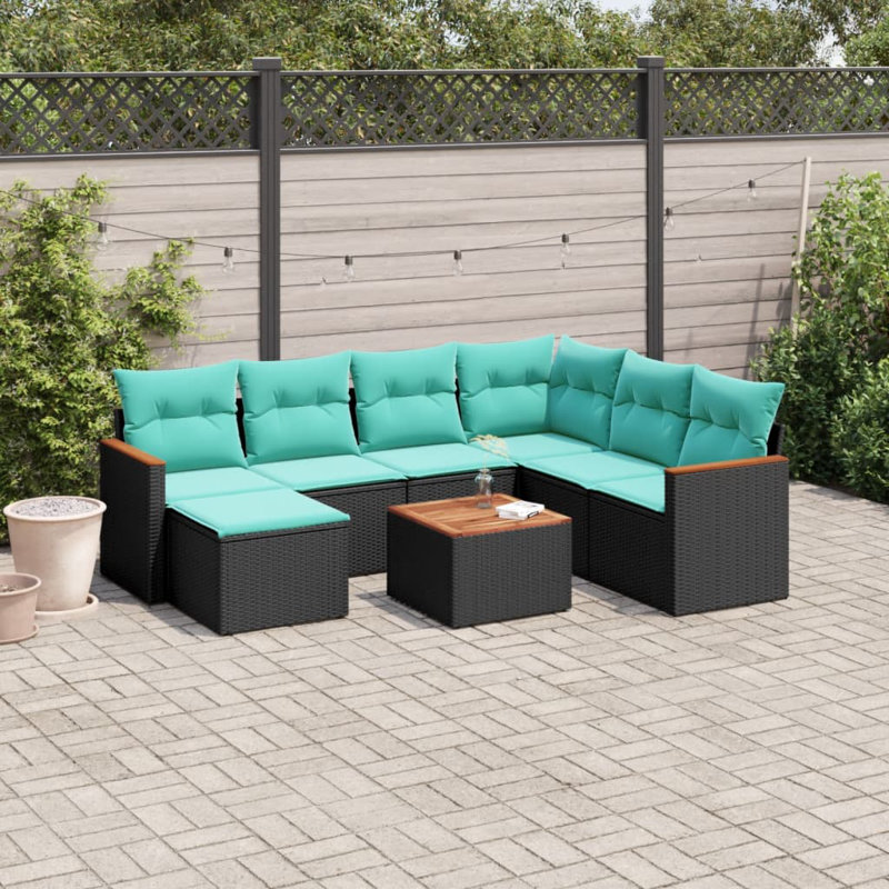 Ensemble de canapé de patio 8 pièces avec coussins en rotin de polyester, Bleu clair, Noir