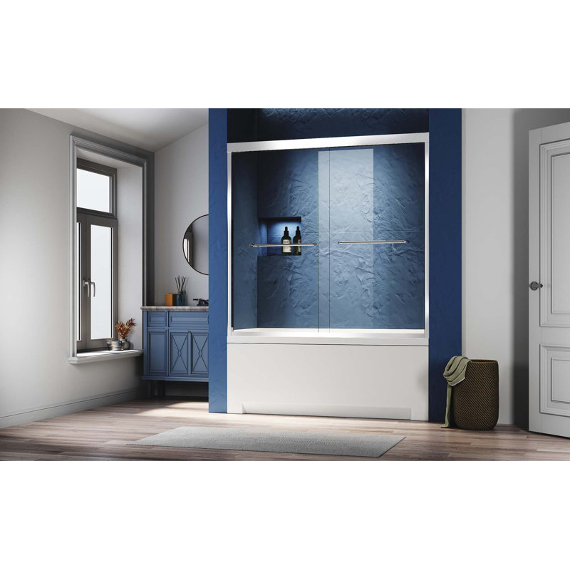 56-60 In. W X 62 In.H Sliding Glass Tub Door Semi Frameless Double Bathtub Door, Certified Thick Clear Clear Tempered Glass, 304 Stainless Steel Handles.