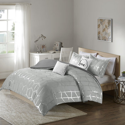 Housse de couette pour lit simple / simple TG gris avec coussins décoratifs et décoratifs argentés