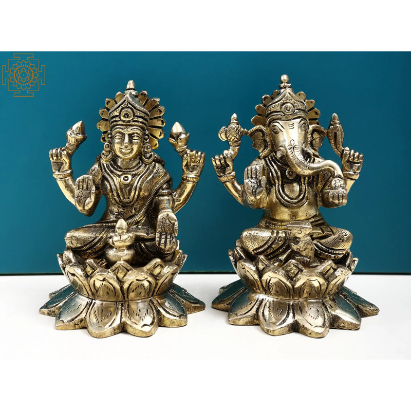 4" Small Brass Lakshmi Ganesha Sitting on Lotus Statue – Handcrafted Auspicious Hindu Idol for Wealth & Wisdom Home Décor