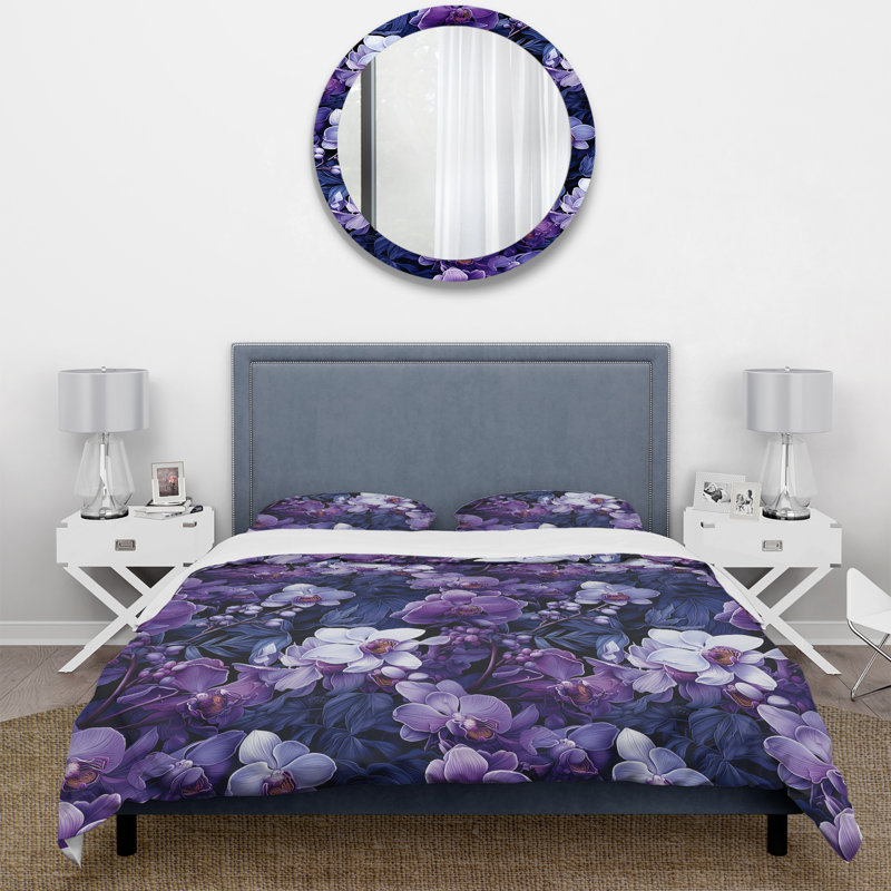Orchid Twilight Tropical Pattern Floral Duvet Cover, King Duvet Cover + 2 King Shams
