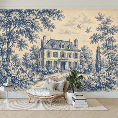Wall Mural Peel and Stick Wallpaper Vintage Blue Beige Toile de Jouy House Garden Self-Adhesive Removable Contact Paper Wall Decor for Living Room Bedroom 100"H x 144"W
