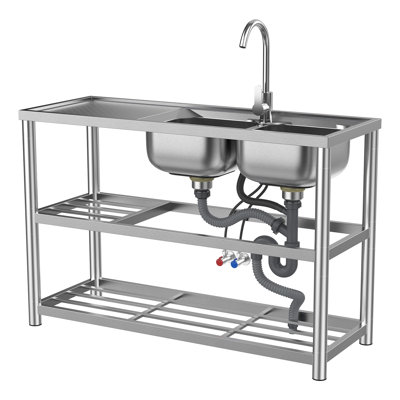 Évier de cuisine commercial à double cuve en acier inoxydable, autoportant, avec robinet