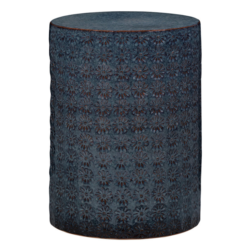 Blue Ceramic Embossed Floral Drum Accent Table