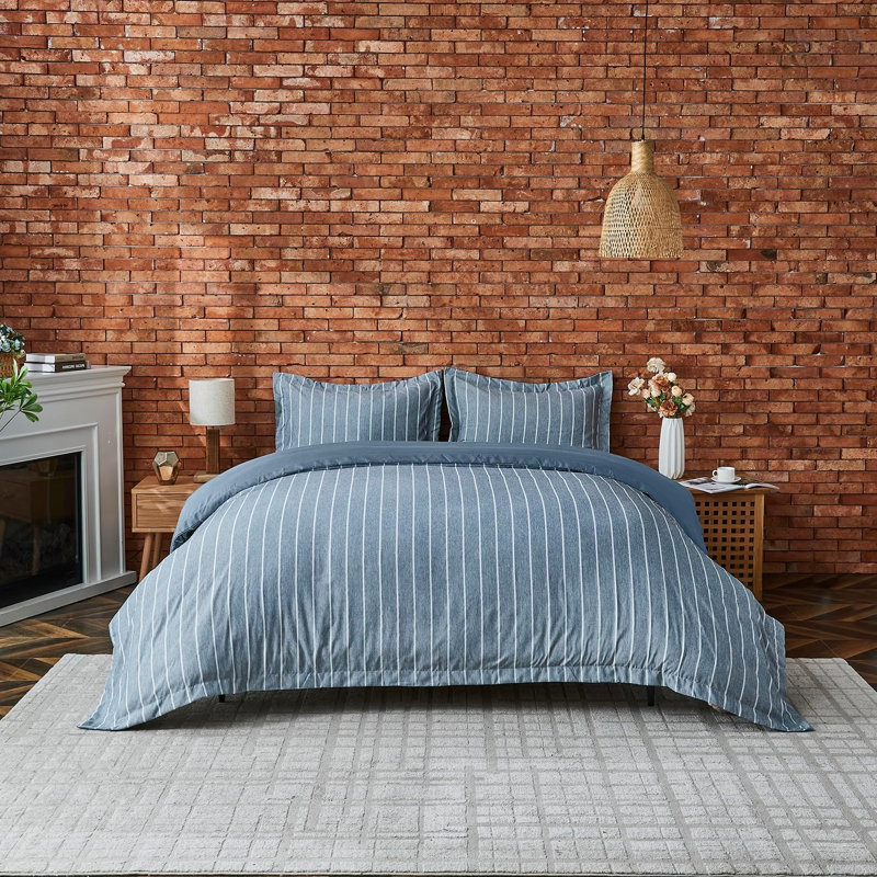Polyester Striped Duvet Cover Set, King Duvet Cover + 2 Standard Pillowcases, DENIM BLUE Striped