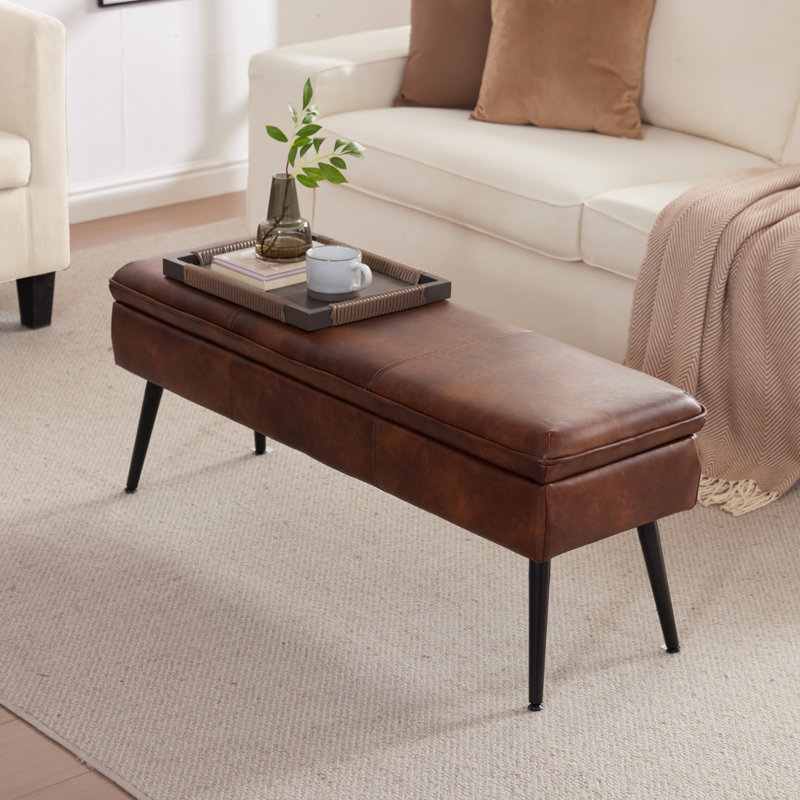 Faux Leather Upholstered Storage Bench Ottoman, Retro Brown