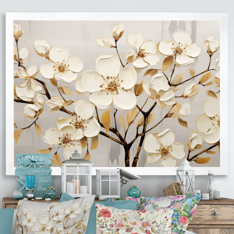 Dogwood Peacefulness sur toile or blanc, Cadre de coin blanc fermé, H 12 po x l 20 po x P 1 po