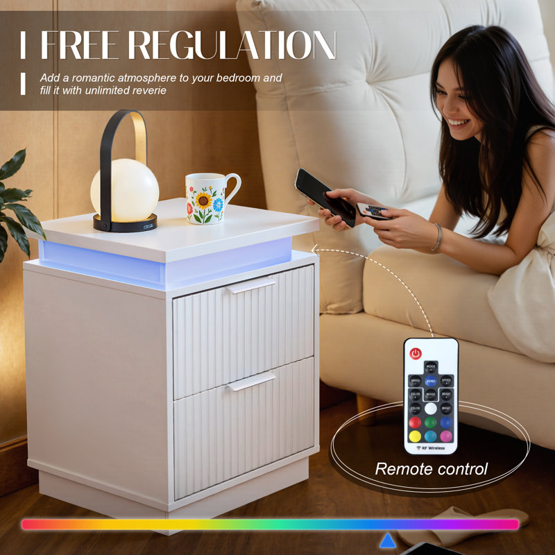 Nightstand with Adjustable Led Light and 2 Drawers, Set of 2, White