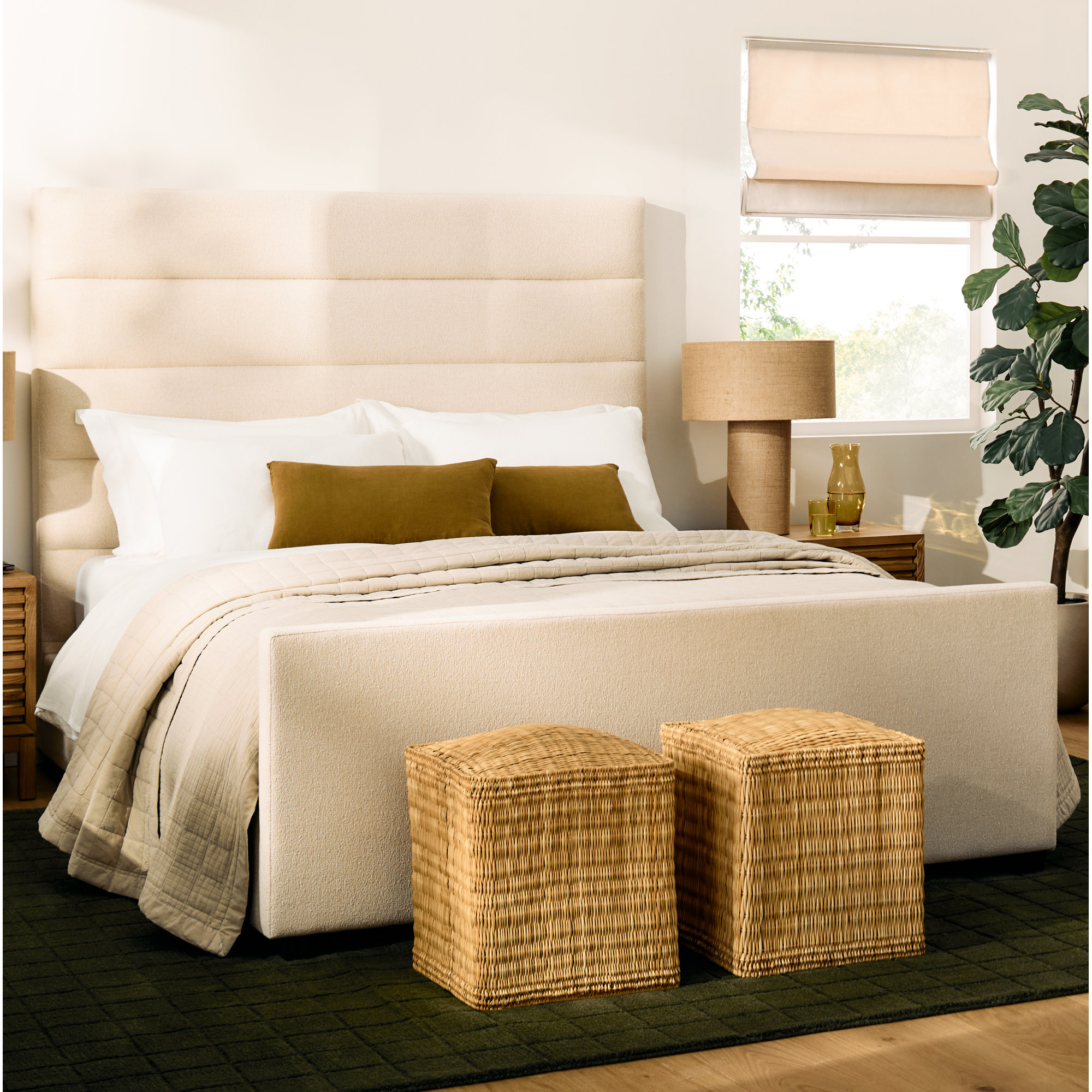 Stonewashed Crinkle Cotton Box Stitch Quilt Set, Queen Quilt + 2 Queen Shams, Flax Beige