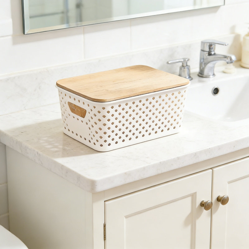 Paquet de 8 bacs de rangement en plastique avec couvercles en bambou, paniers de rangement empilables avec poignée, organisateur de garde-manger pour tablettes de bureau de classe