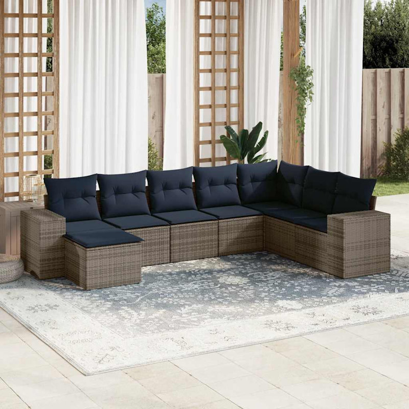 9 Piece Patio Sofa Set With Cushions Brown Poly Rattan, Navy Blue Cushion/Gray Frame