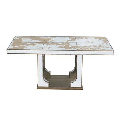 71x39.5x31.5" Large Antique Mirrored Dining Table With Elegant Floral Design And Silver Finish