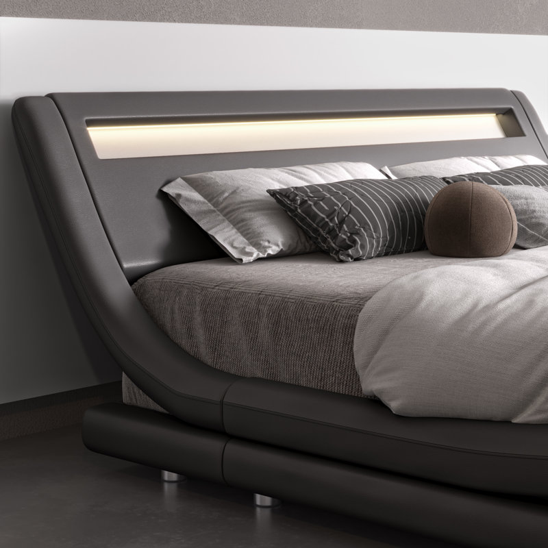 Charlesten Vegan Leather Platform LED Lights Bed with Wooden Slats and Adjustable Headboard, RGB Lighting & Music Sync, No Box Spring Needed