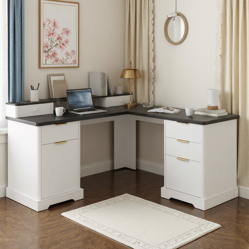 Bureau moderne en L blanc cannelé avec station de charge et rangement intelligent 59 po Modern, Blanc
