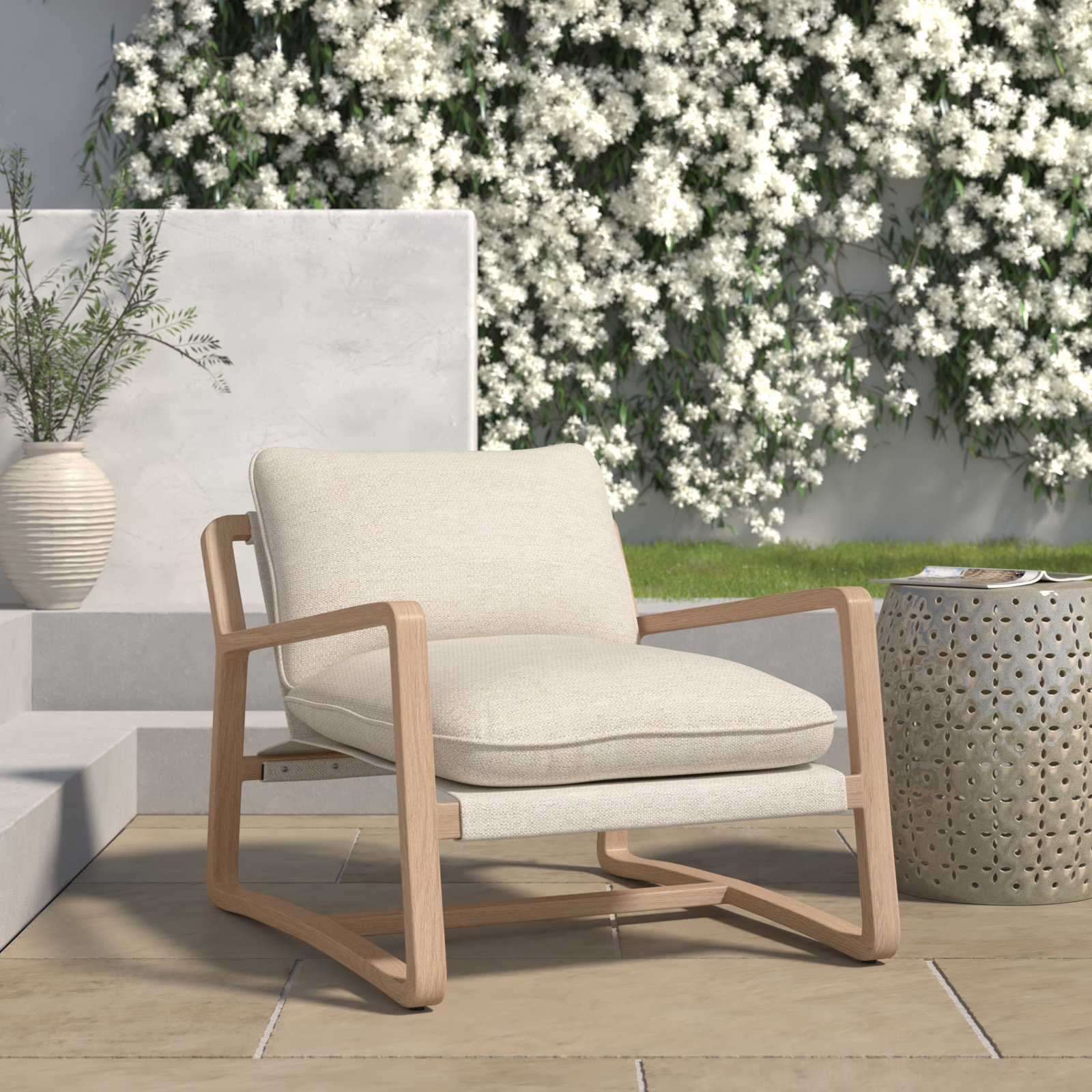 Shea Teak Outdoor Lounge Chair, Washed Brown, Faye Sand