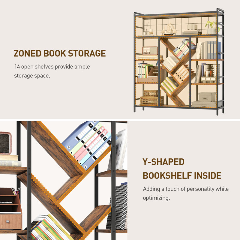 Triple 5-Tier Bookshelf, Industrial Large Bookcase with 14 Open Display Shelves, Modern Tree Bookcase with Metal Frame and Hanging Function