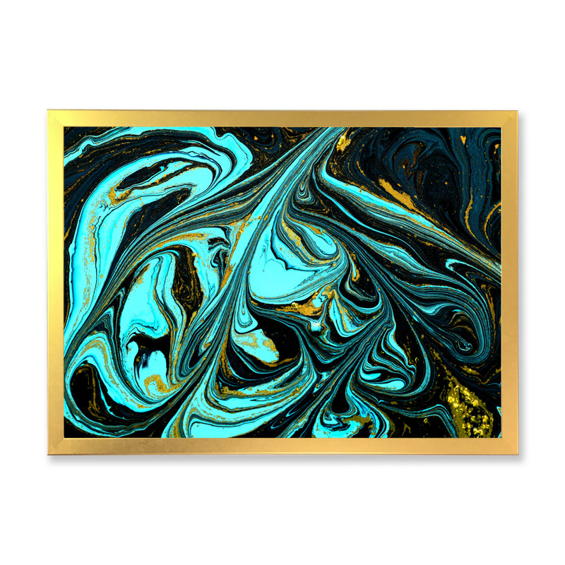 Art abstrait marbré turquoise abstrait - décoration murale moderne en toile, H 16 po x l 32 po x P 1 po, Cadre photo doré