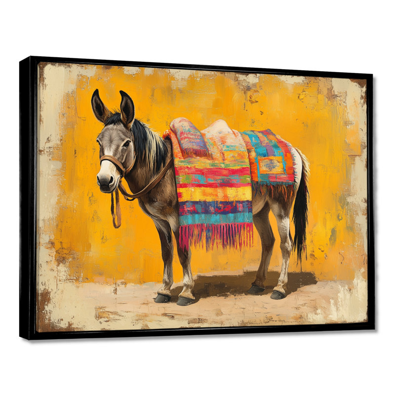 "Burro in a Festival" - Art mural sur toile, "Folk mexicain", H 16 po x l 32 po, Cadre flottant noir