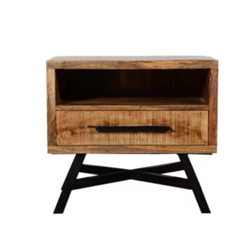 Table de chevet en bois de manguier avec tiroir et tablette de rangement ouverte
