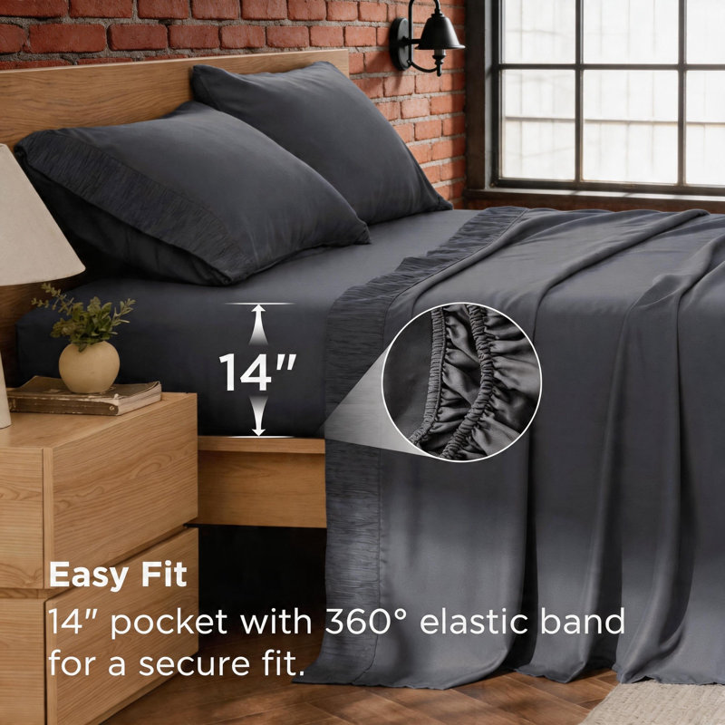 Ensemble de draps doux pour grand lit, 4 pièces, microfibre de polyester (gris foncé)