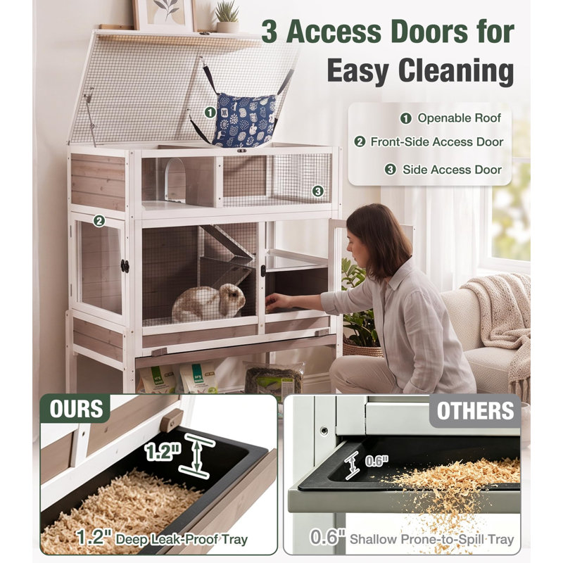 3-Level Rabbit Hutch with Pull-Out Tray & Chew-Proof Edges, Indoor Outdoor Guinea Pig Cage with Hideout & Cozy Hommock