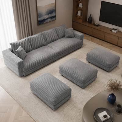 Ramspoth 102.4" Plush Corduroy 4-Seater Sofa with 3 Movable Ottomans, Deep Seats, Removable Backrests and 1,000 lb. Capacity