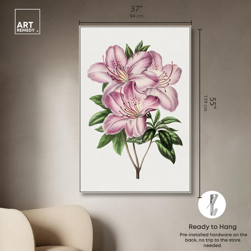 «Azalea rose», impressions sur toile par Art Remedy, H 55 po x l 37 po, Cadre argenté flottant