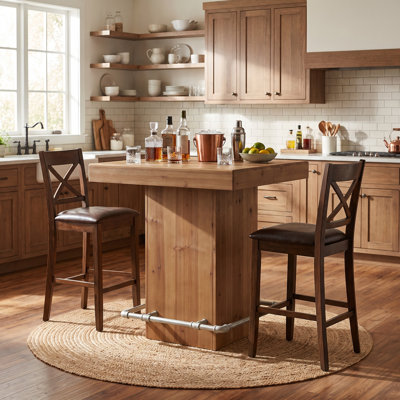 Table carrée 31,5 "à hauteur de bar en bois, table de bar à piédestal industriel avec repose-pieds en métal