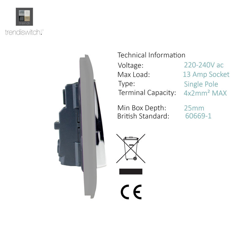 Trendi Switch 2 Gang Long Switched Plug Socket, Light Grey