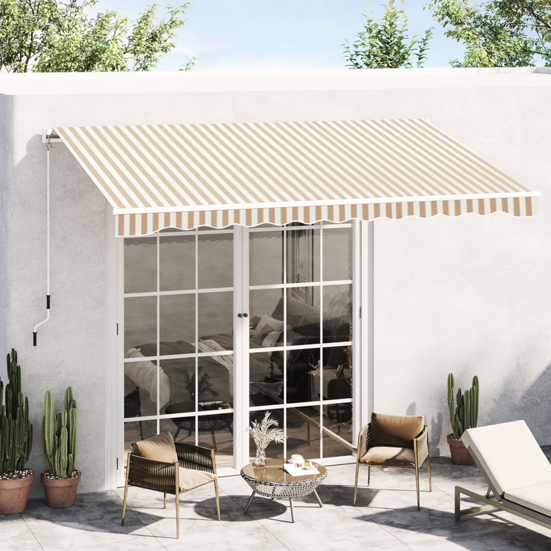 Auvent de balcon 13 pi x 8 pi - Protégé, eau, manivelle manuelle, cadre en aluminium pour terrasse, cour, auvent rétractable de parasol de patio beige à rayures, avec et tissu d'eau, cour