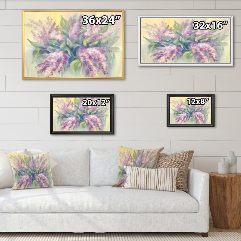 Lilas Bouquet In Vase - reproduction sur toile, H 8 po x l 12 po x P 1 po, Cadre flottant blanc