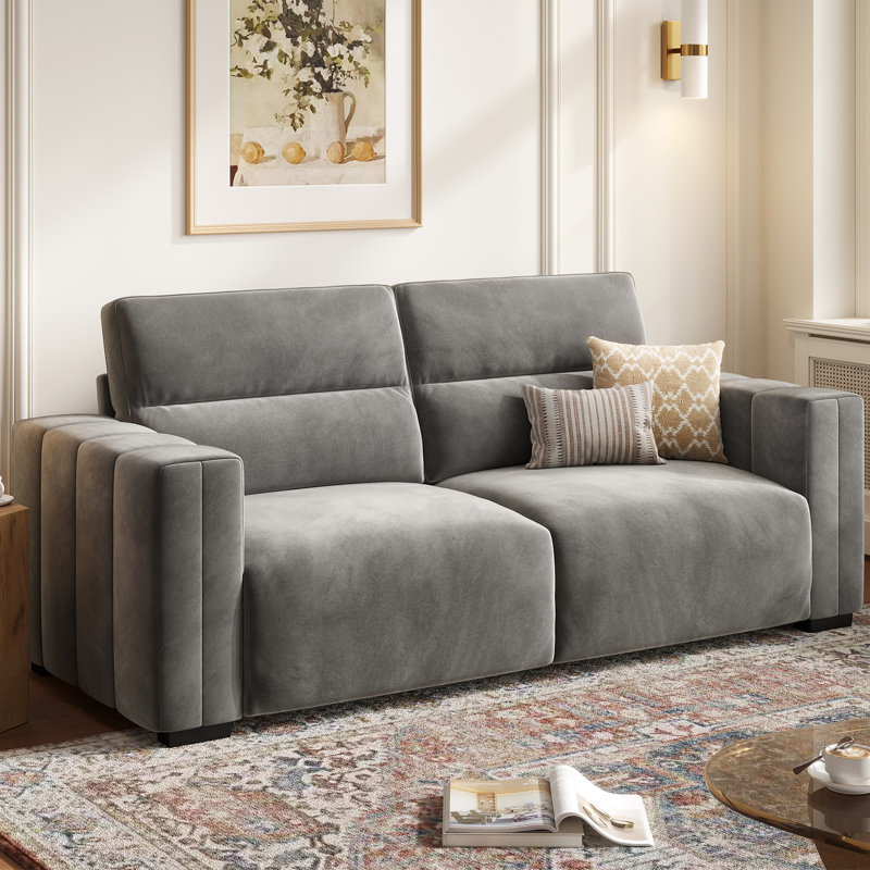 Canapé 82 po avec accoudoirs carrés en velours et canapé rembourré de qualité supérieure, Gris clair