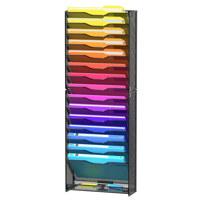 16-Tier Mesh File Holder, Vertical Document Rack For Home, School, and Office Use (Black)