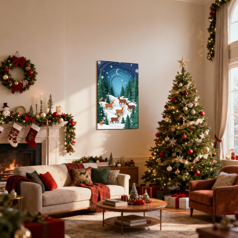 Ensemble de 3 impressions sur toile de Noël flocons de neige, forêt et cerfs au clair de lune, H 36 po x l 24 po