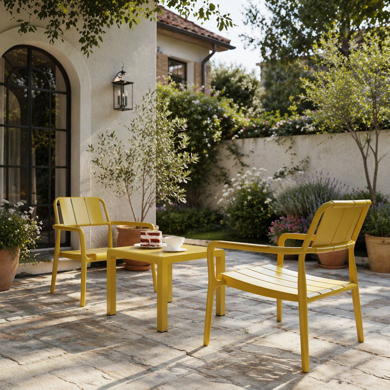 Ensemble de chaises à une place et de table basse en PP 2 pièces Summer pour l'intérieur et l'extérieur, aucun assemblage requis, installation facile, jaune