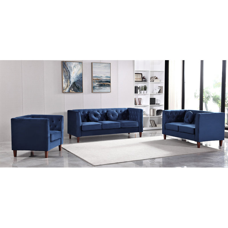 Ensemble de salon en velours 3 pièces Deuce, Velours bleu foncé