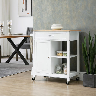 Chariot pour îlot de cuisine, îlot de cuisine avec rangement, plateau en bois massif, tiroir, pour la salle à manger