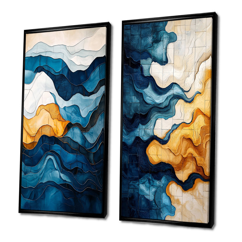 Brun et bleu Odyssey Tiles III - ensemble d'art mural côtier 2 pièces, H 32 po x l 32 po, Cadre flottant noir