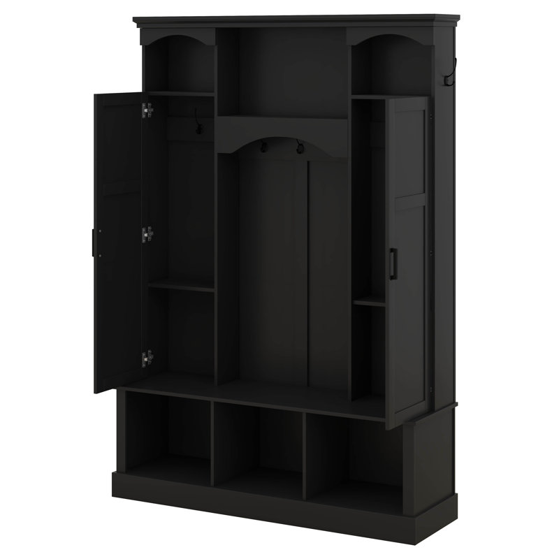 Arched Hall Tree With Storage Bench, Entryway Organizer With 7 Hooks And Shoe Cabinets For Mudroom, Living Room, Black