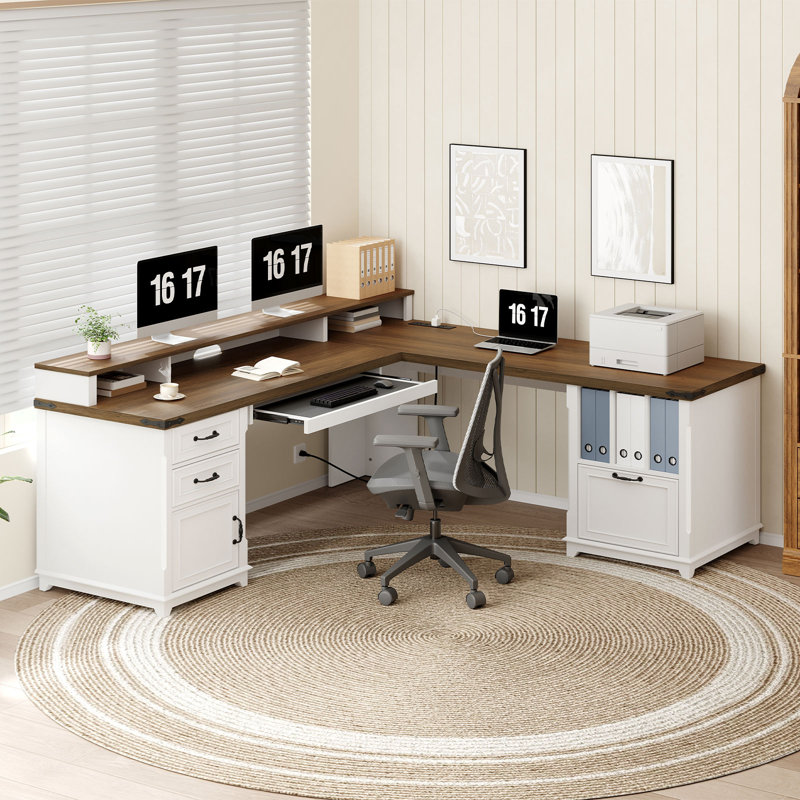 Farmhouse 69" Executive L Shaped Desk with Drawers, Home Office Computer Desk with Charging Station & Monitor Stand, Modern Industrial Corner Desk