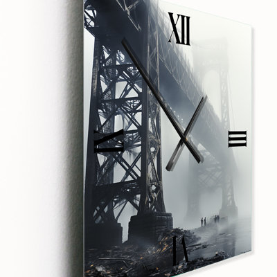 Grey Bridge In Fog I - Cityscapes Modern Wall Clock