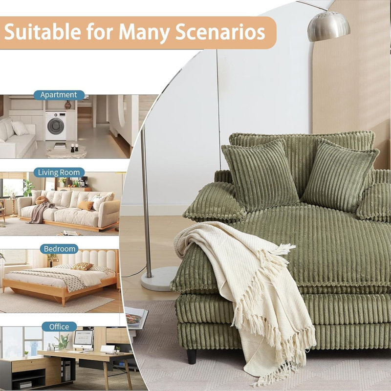 Latitude Run 55" W Oversized Corduroy Chaise Lounge Chair, Upholstered Sleeper Sofa Bed with 3 Pillows,4-Level Adjustable Backrest