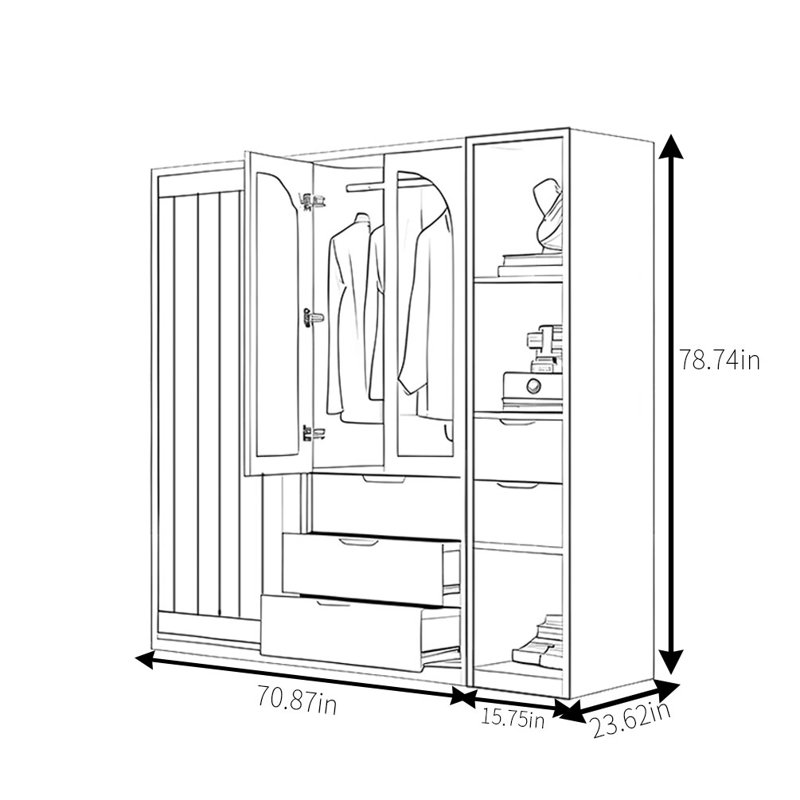 Retro Simple Push Pull Wardrobe, 78.74" H x 86.61" W x 23.62" D