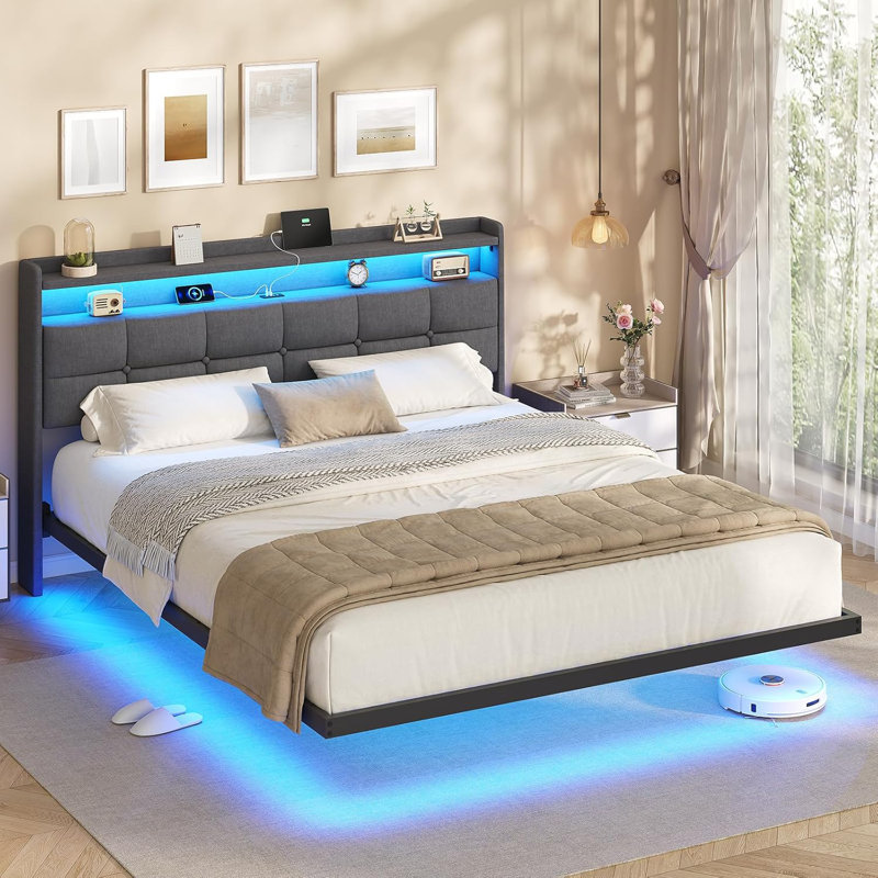 Floating Bed Frame 135×190CM /150×200CM with LED Lights & Charging Station, Metal Platform Bed frame with Upholstered Headboard, Easy Assembly,Noise Free,No Box Spring Needed,Linen